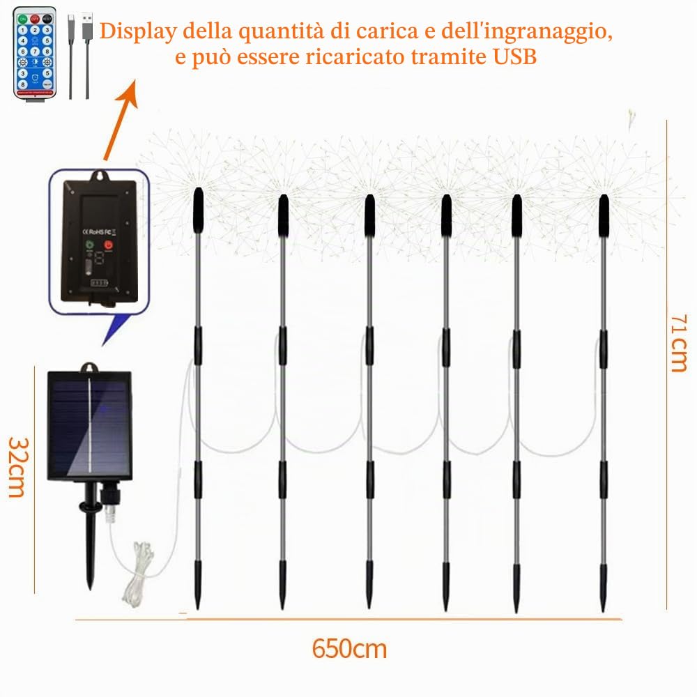 6 Pack 900 LED a terra solare esterna ha inserito luci colorate di fuochi d'artificio con telecontrol, Impermeabile Solar & USB Powered Courtyard Lights, 8 modalità DIY Light.