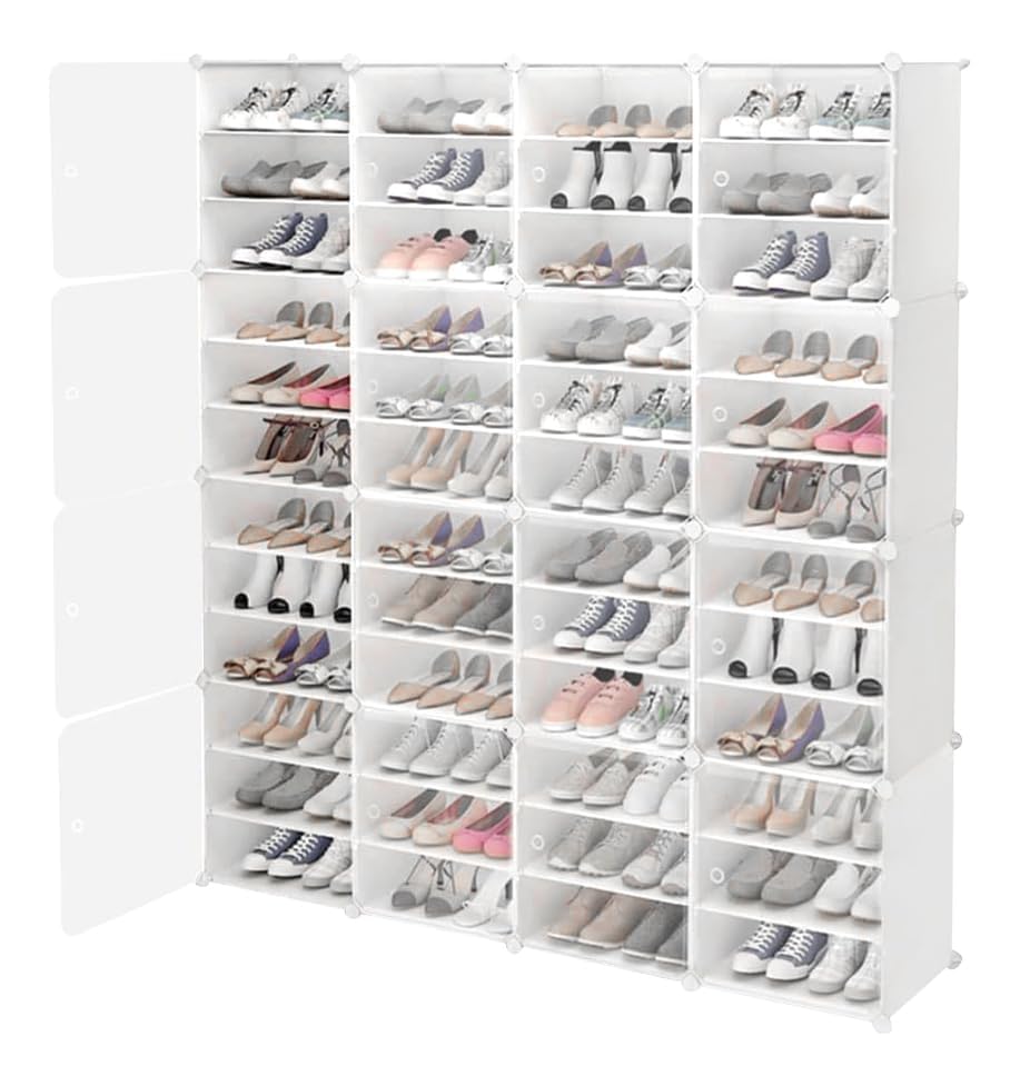 XUANIIIL Portable Shoe Rack Organizer with Door, 96 Pairs Shoe Storage Cabinet, Plastic Adjustable Box Shelves Stackable Detachable DIY Standing Shelf Rack (4 x 12-Tiers)