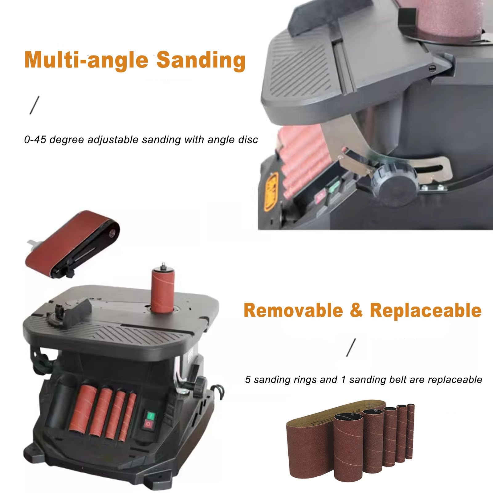 Lijadora combinada 2 en 1 con husillo oscilante vertical y lijadora de banda, lijadora de bobina para carpintería con 5 mangas de lijado, mesa inclinable a 45°, para contornos y curvas
