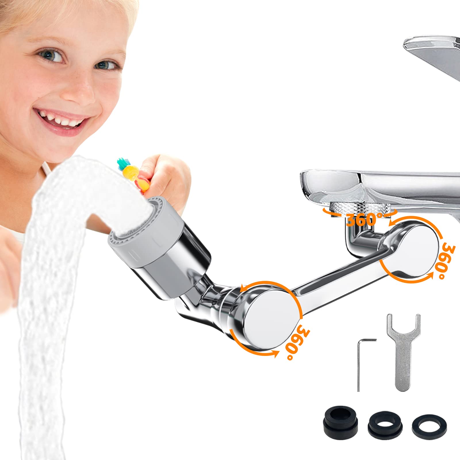 Photo 1 of 1080° Swivel Faucet-Extender Universal Sink-Water-Aerator - 2 Mode Splash Filter Extension, Kitchen Bathroom rotatable multifunctional extension faucet, Multifunctional Robotic Arm -Washing Eye/Face Silver A 1080° Can Rotating