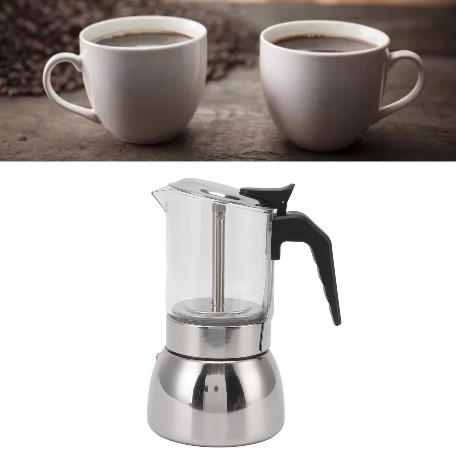 Moka de vidrio con base de acero inoxidable, italiana para estufa, cuerpo de vidrio de borosilicato resistente al calor, Moka clásica para uso en el hoga (300ML)