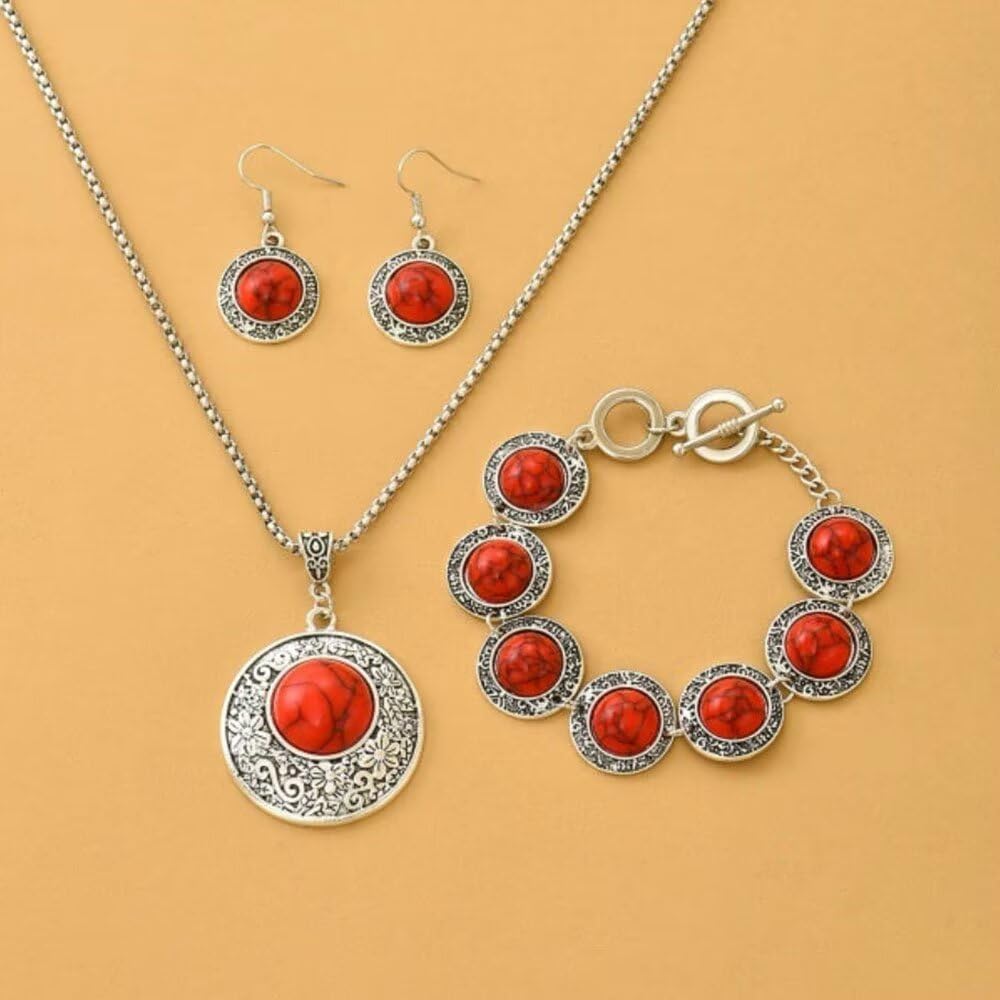 Zian 3 Pcs Western Turquoise Jewelry Set‌ for Women Bohemian Round Disc Pendant Necklace Earrings Bracelet Gold Plated Cowgirl Cowboy Country Concert Outfits Accessories - Image 2