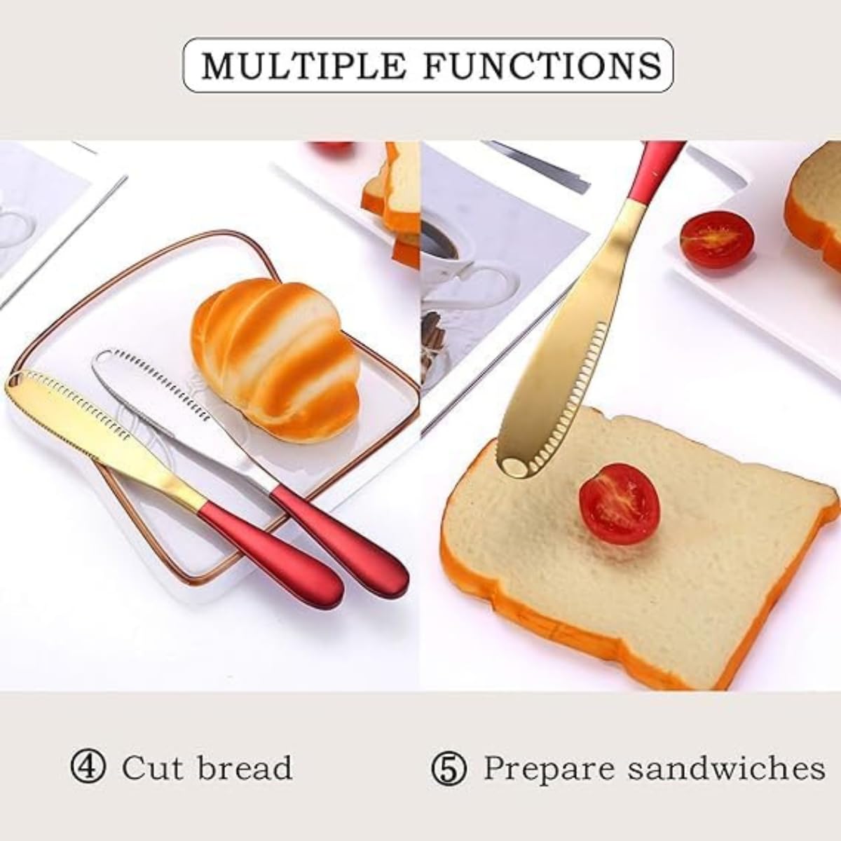 HomeAra Versatile 3-in-1 Stainless Steel Butter Knife Serrated Edge, Shredding Slots, Easy to Hold Spreader for Bread, Butter, Cheese, and Jam Slicing (Pack Of-1 Gold Black) 2