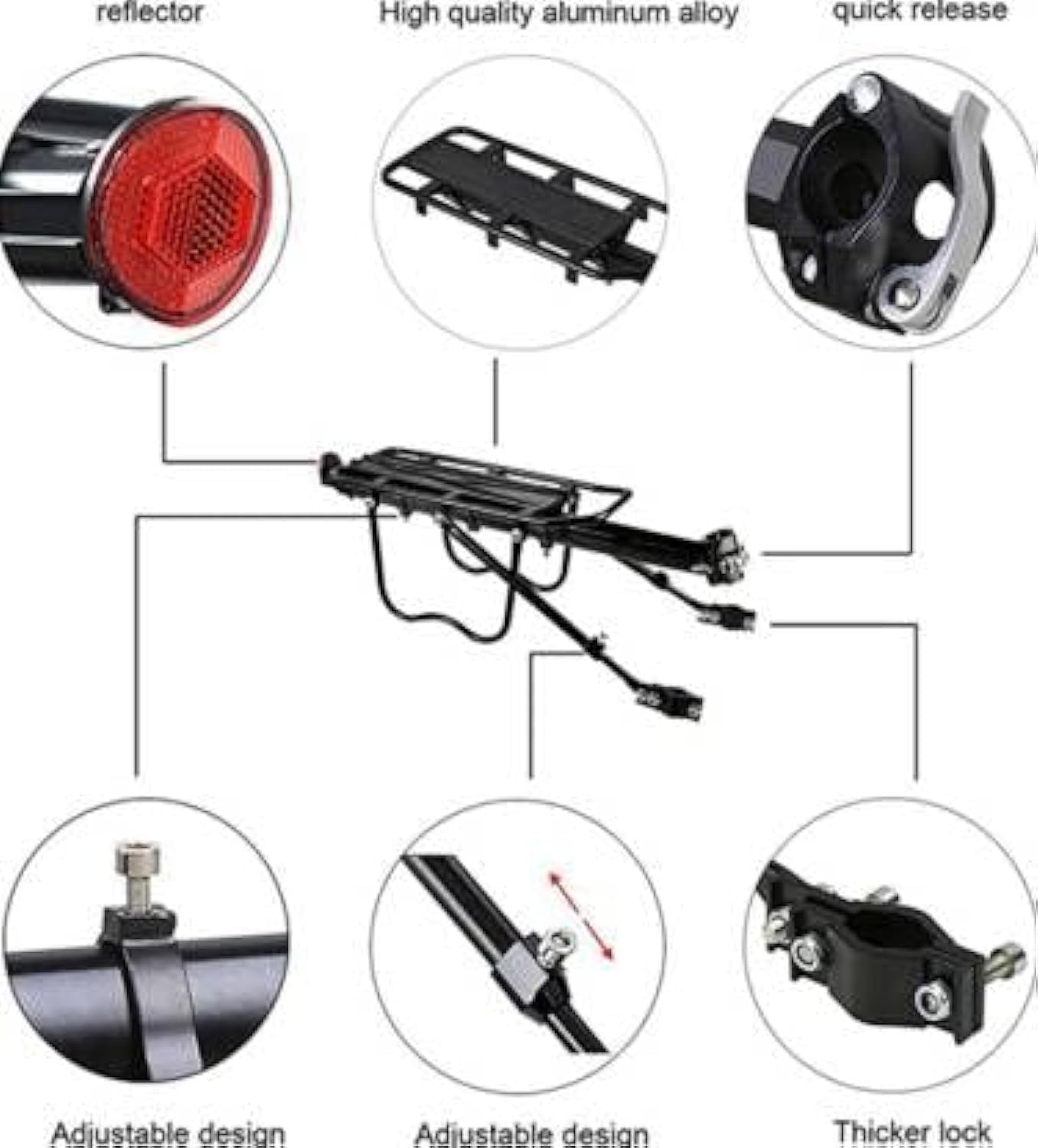 Tuhi Bicycle Rear Rack Aluminum Alloy Adjustable Rear Rack 110 Lbs Capacity Aluminium Bicycle Carrier 3