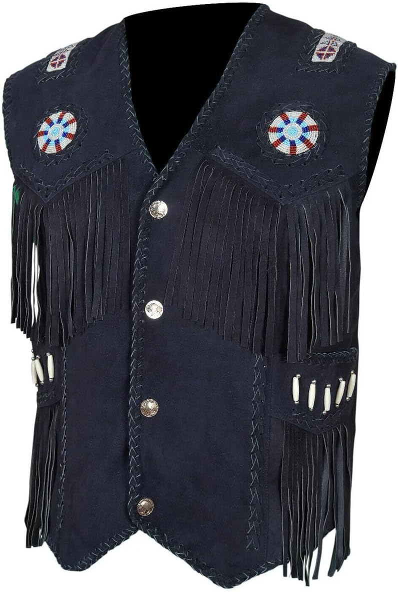 Western Suede Leather Vest Men Native American Fringe Vest Vintage Cowboy Waistcoats Tassels, Beaded & Braids