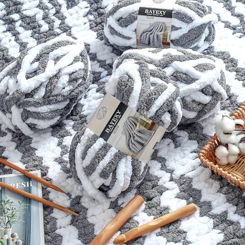 Image of Chunky Chenille Yarn for Hand Knitting 8 Jumbo Pack Jumbo Chunky Yarn for Hand Soft Blanket Knitting, Bulky Thick Fluffy Yarn for Crocheting (White Gray)
