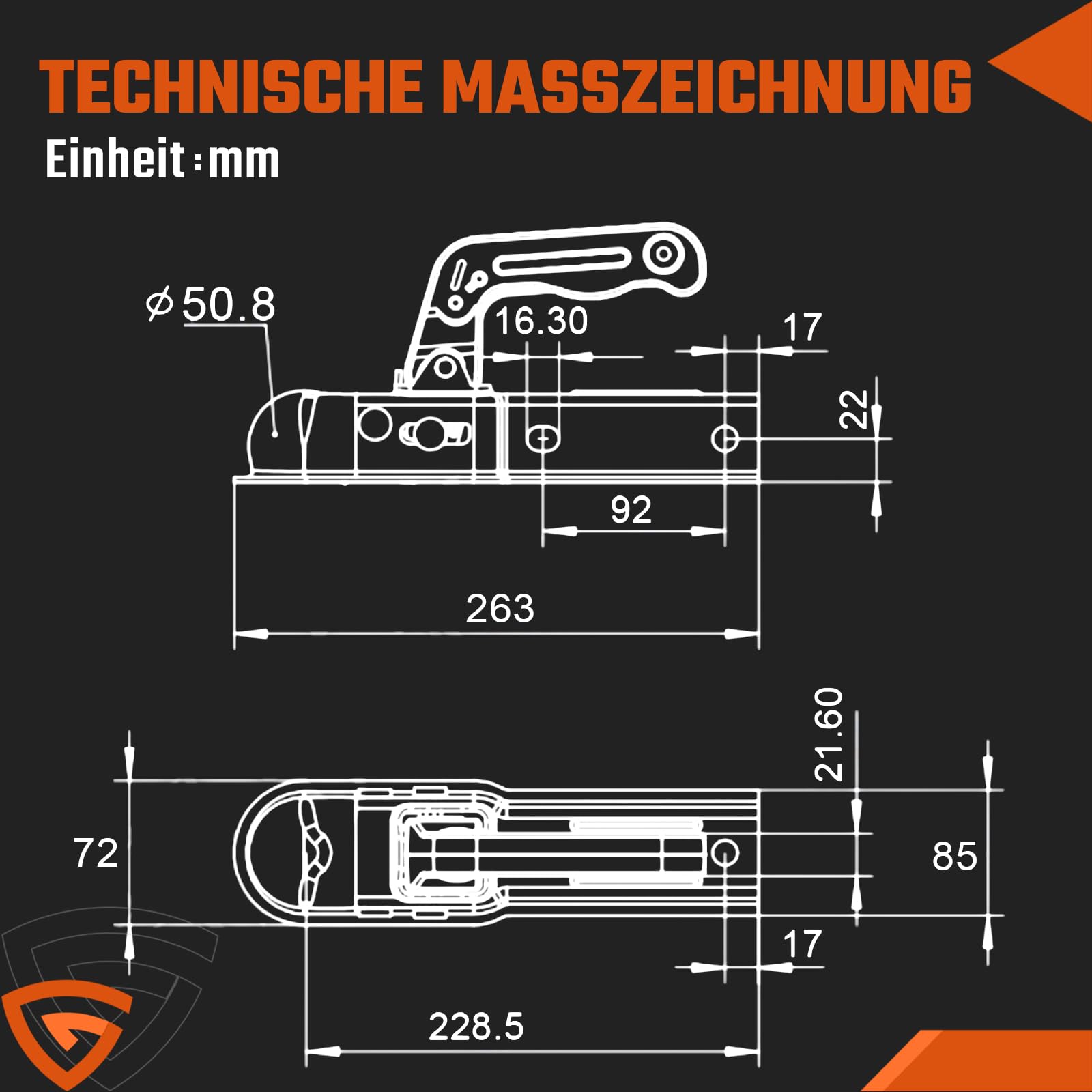 GEARMONSTER Zugkugelkupplung 800KG 50x60mm Universal Anhängerkupplung