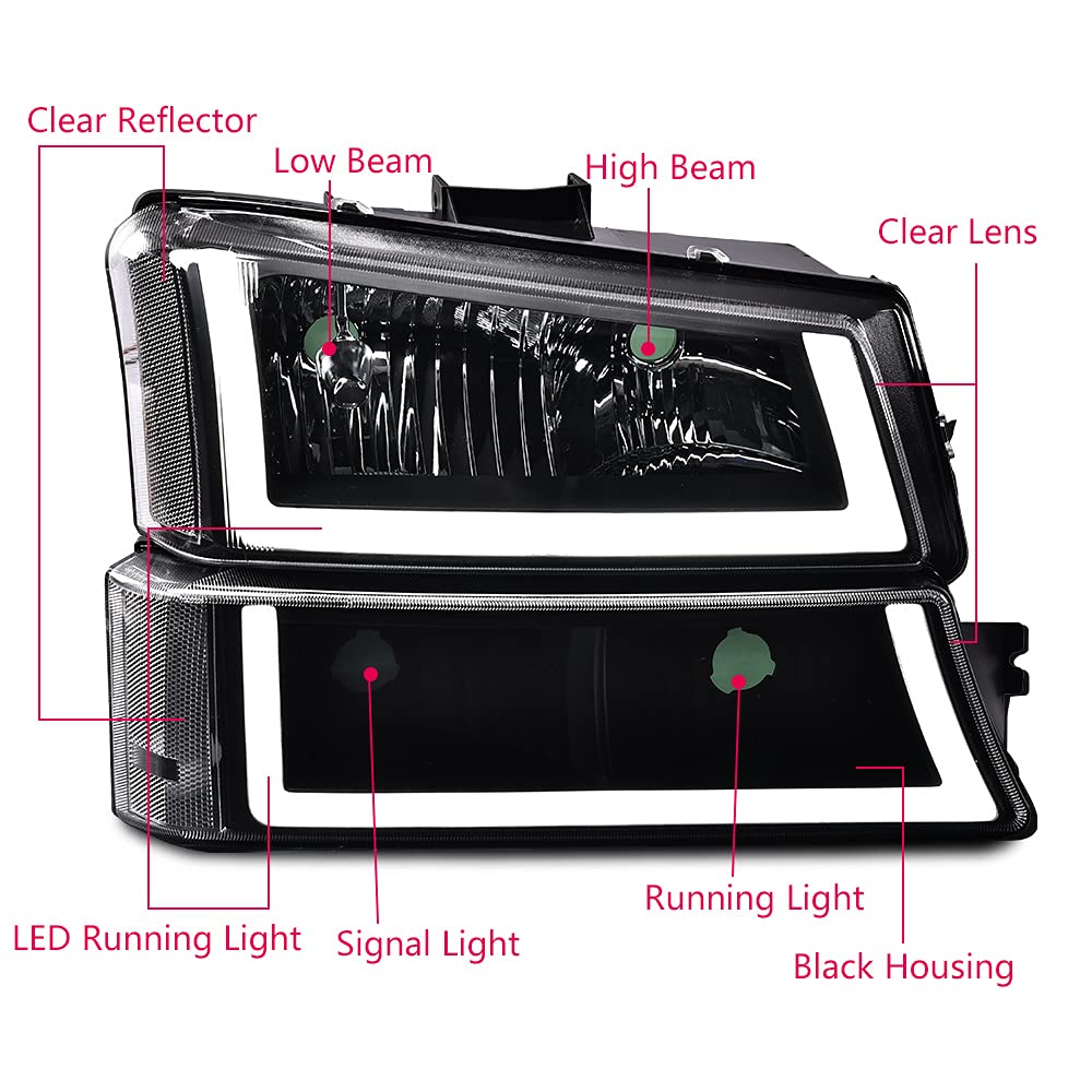 GRAND ORANGE LED DRL Headlight Assembly For 2003-2006 Chevy Silverado/Avalanche - Black Housing, Clear Lens