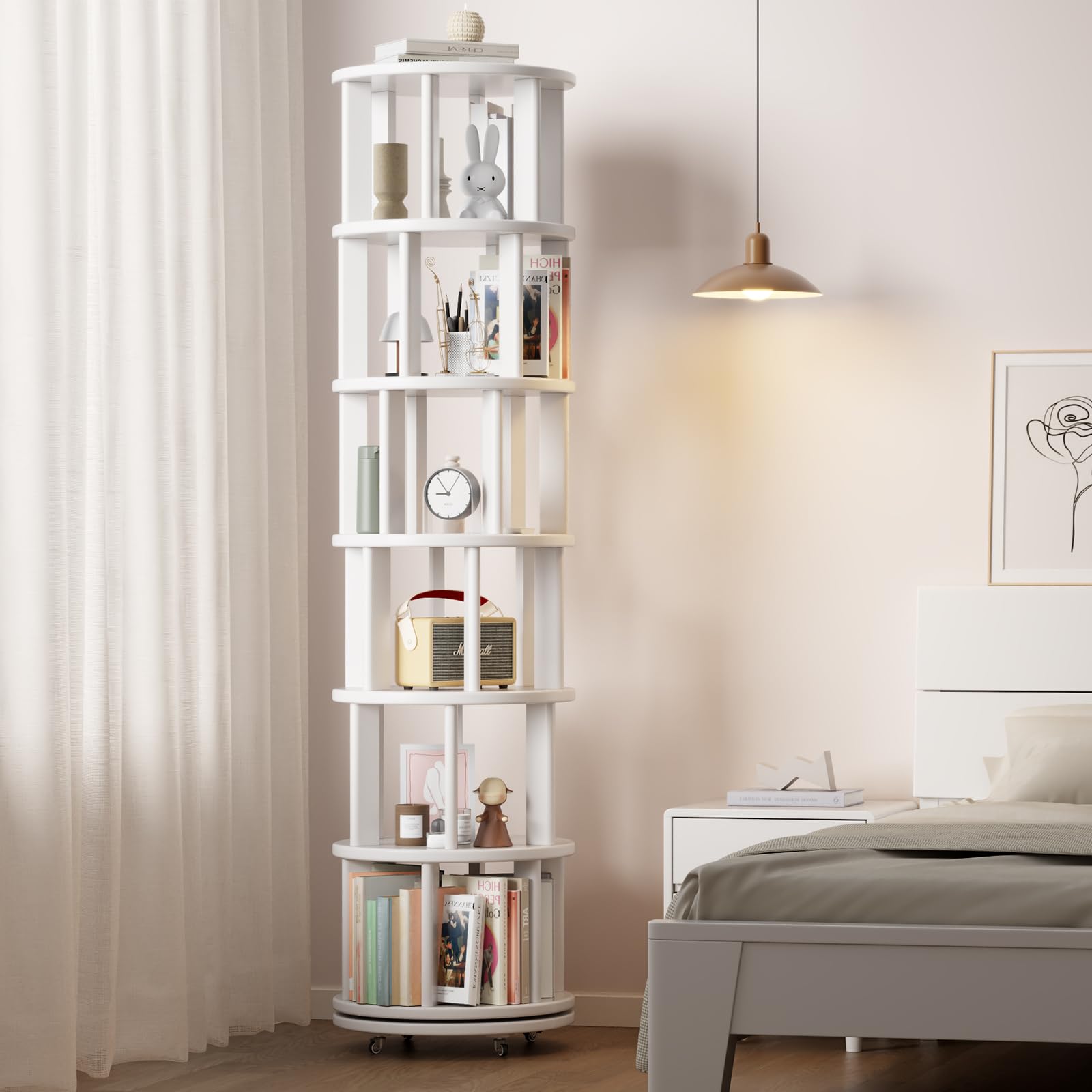 YQJJGL Drehbares Bücherregal, Massivholz, Standregal, 360 Grad, Bücherregal Kinder, für Wohnzimmer, Arbeitszimmer, Büro, 6 Ebenen (Weiß)