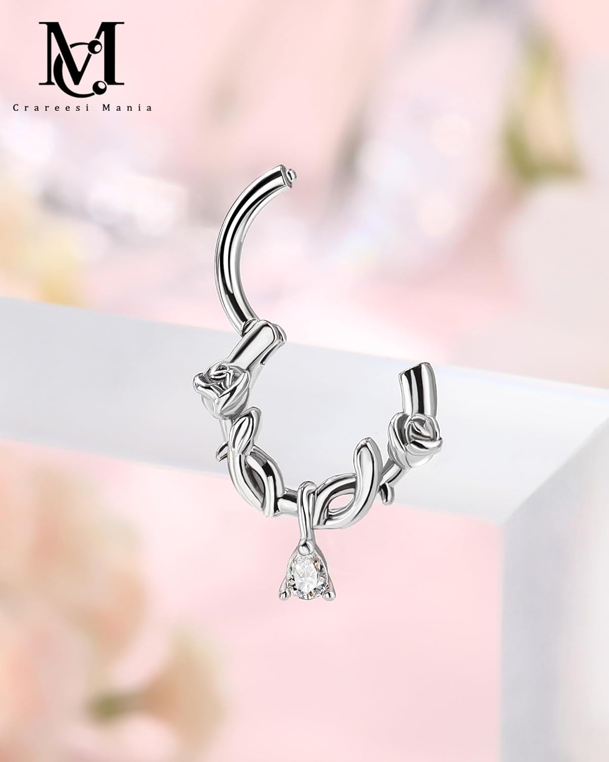 CM Crareesi Mania Dangle Septum Rings, 16G Rose Dangling Septum Piercing Jewelry, 316L Surgical Steel Septum Nose Ring Hoop for Women, Helix Cartilgae Piercing Jewelry - Image 5