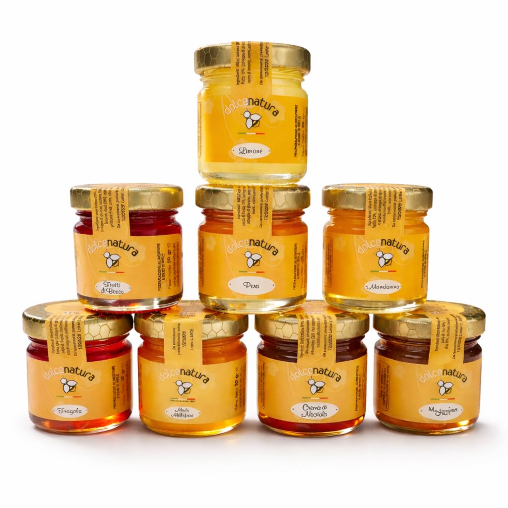 Set Degustazione Miele 8 Vasetti 50g - Miele Italiano Naturale Gusti Assortiti Pera Fragola Limone Mandarino Fichi Frutti di Bosco Nocciola Millefiori Mini Formato Idea Regalo Gourmet (Dolce Natura)