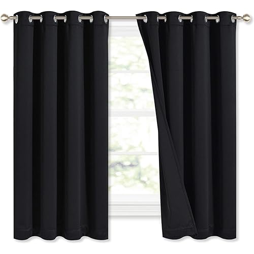 NICETOWN Complete 100% Blackout Curtains, Thermal Insulated Energy Efficiency Window Draperies with Black Liner, Noise Reducing Short Curtains for Kids Room (Black, 52-inch W by 63-inch L, 2 Panels)