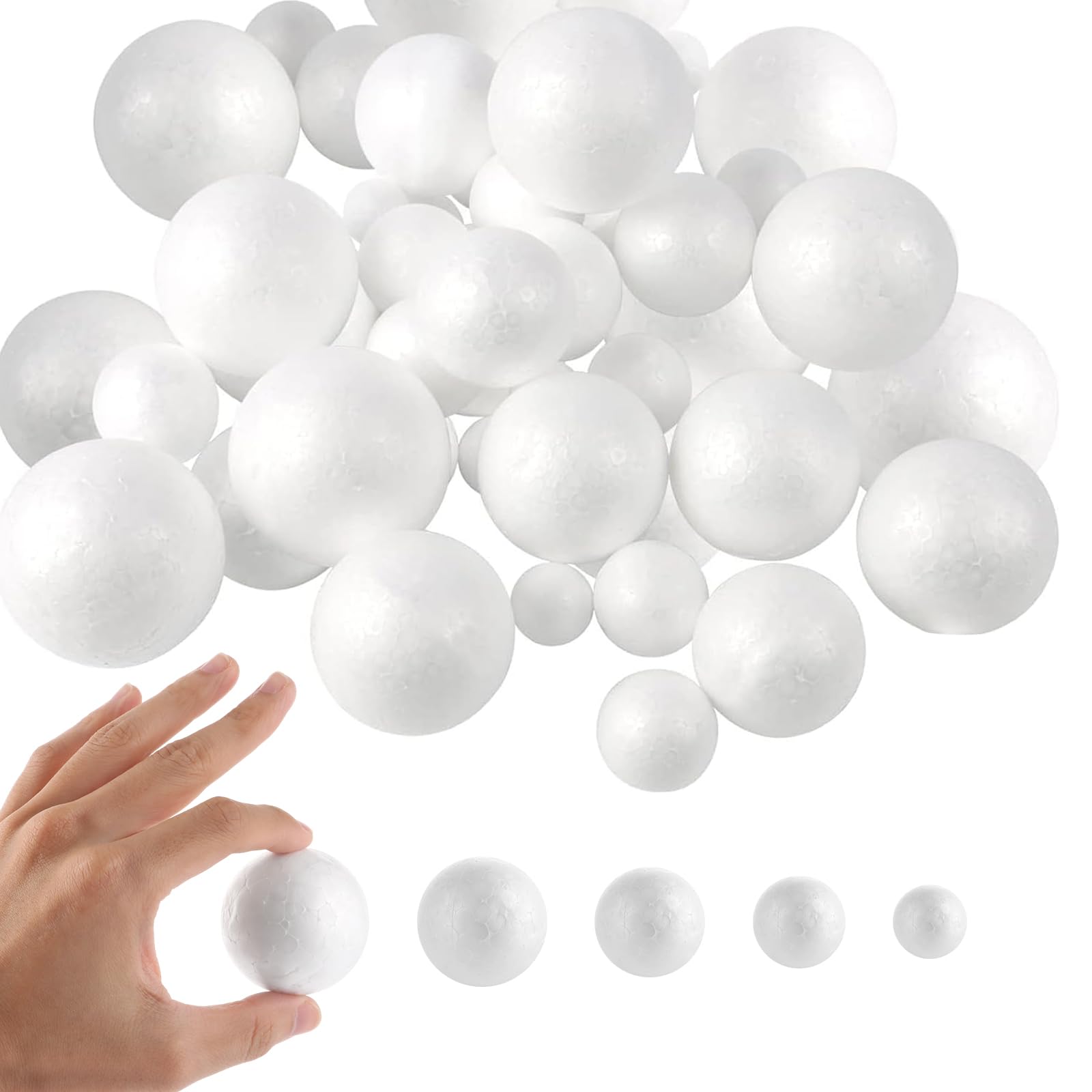 Bolas de Porexpan 150 Piezas, 5 Tamaños (2-5cm), Esferas de Poliestireno para Manualidades, Navidad, Decoración, Bolas Blancas, DIY, Proyectos Escolares, Regalos