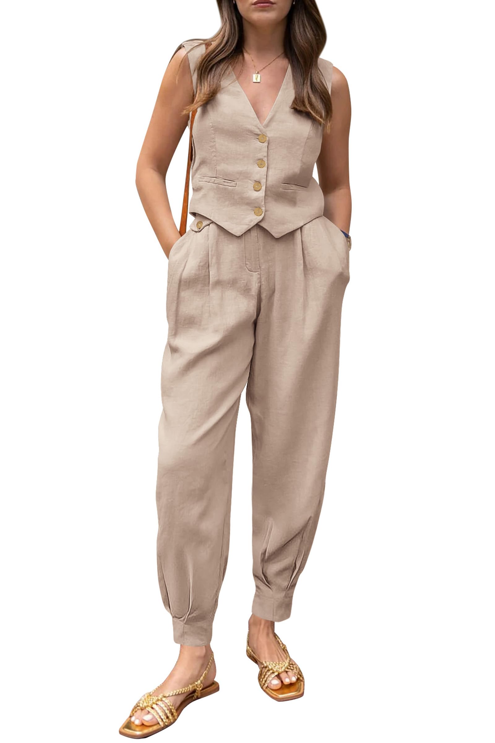 PRETTYGARDEN Women's Summer Two Piece Outfits V Neck Button Front Cropped Tank Tops Vest Pockets Pants Cotton Matching Sets