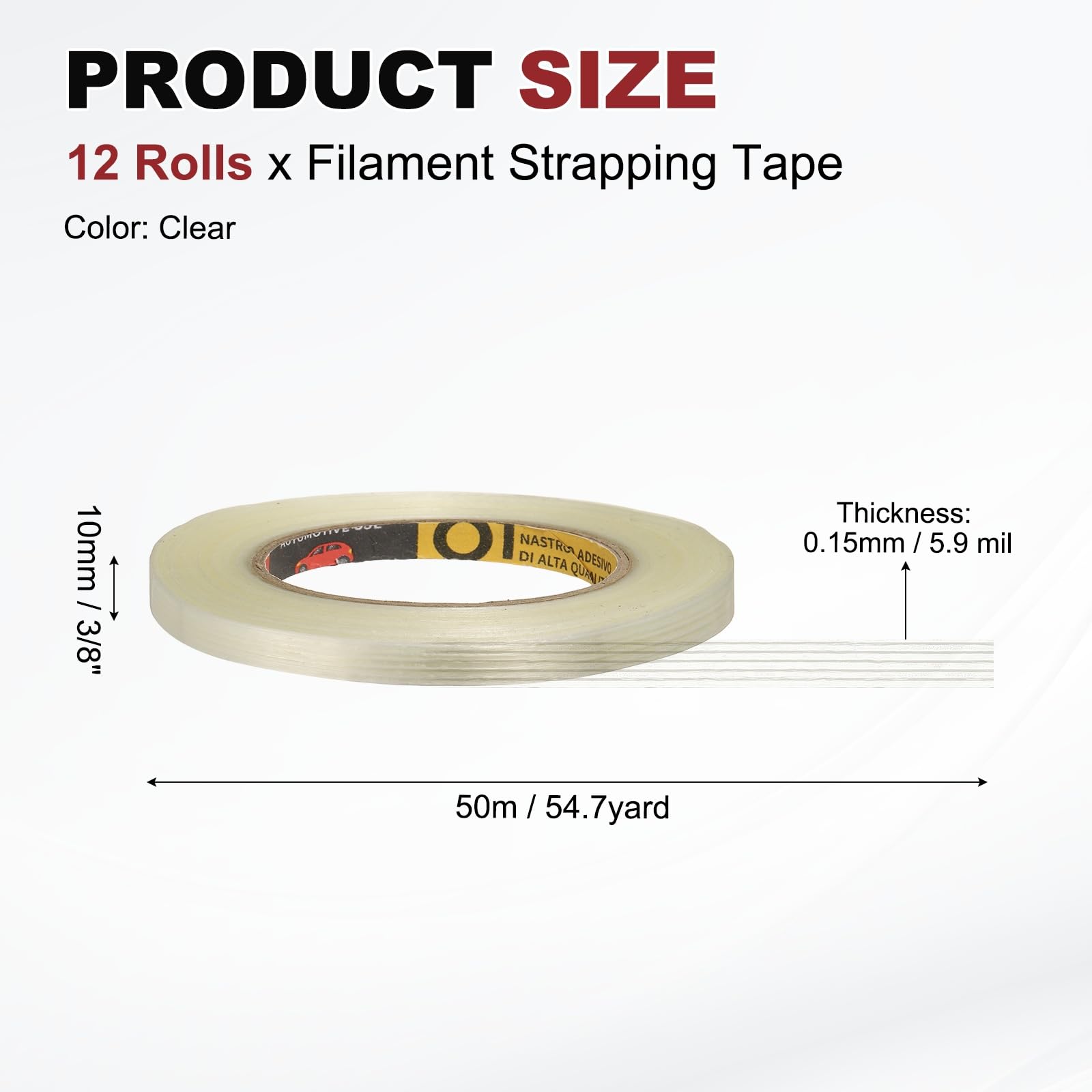 QUARKZMAN Rinto A Filamenti, 10 mm x 50 m x 0.15 mm Nastro Adesivo Per Imballaggio Resistente Trasparente Impermeabile Con Fibre Di Vetro Per Imballaggio, Trasloco, Uso Domestico.