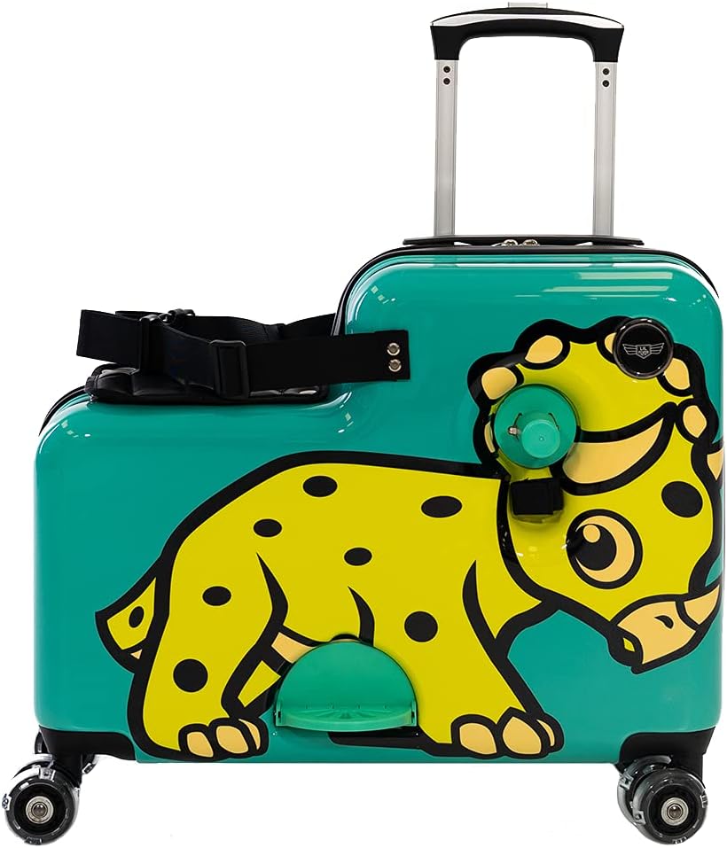 YounglingzLil Flyer 20" kid ride on suitcase child stroller spinner luggage (Green Triceratops)