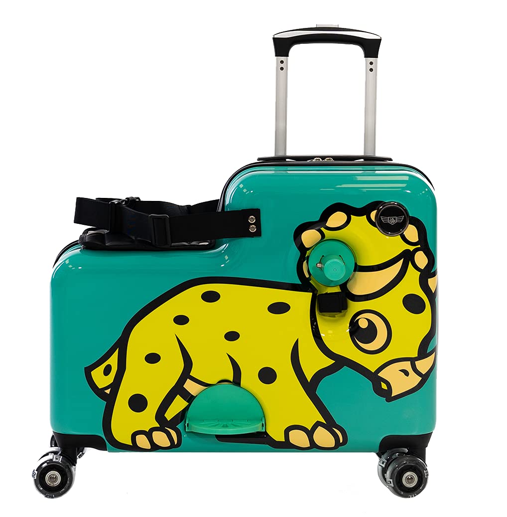 YounglingzLil Flyer 20" kid ride on suitcase child stroller spinner luggage (Green Triceratops)