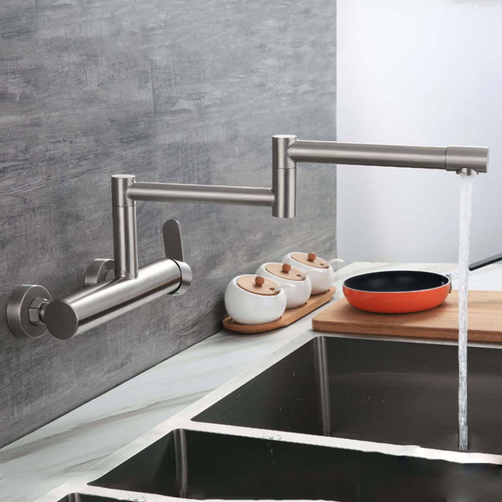 Rubinetto da cucina riempitivo for pentole, rubinetto for lavello pieghevole a parete in acciaio inossidabile Braccio oscillante a doppio snodo estensibile, maniglia singola 2 fori Rubinetto commercia