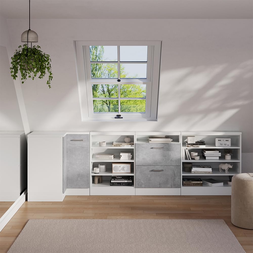 Vicco Dachschrägenschrank Rion, Weiß/Weiß, B80 x T46 cm mit 4 Fächern, platzsparend für Dachschrägen