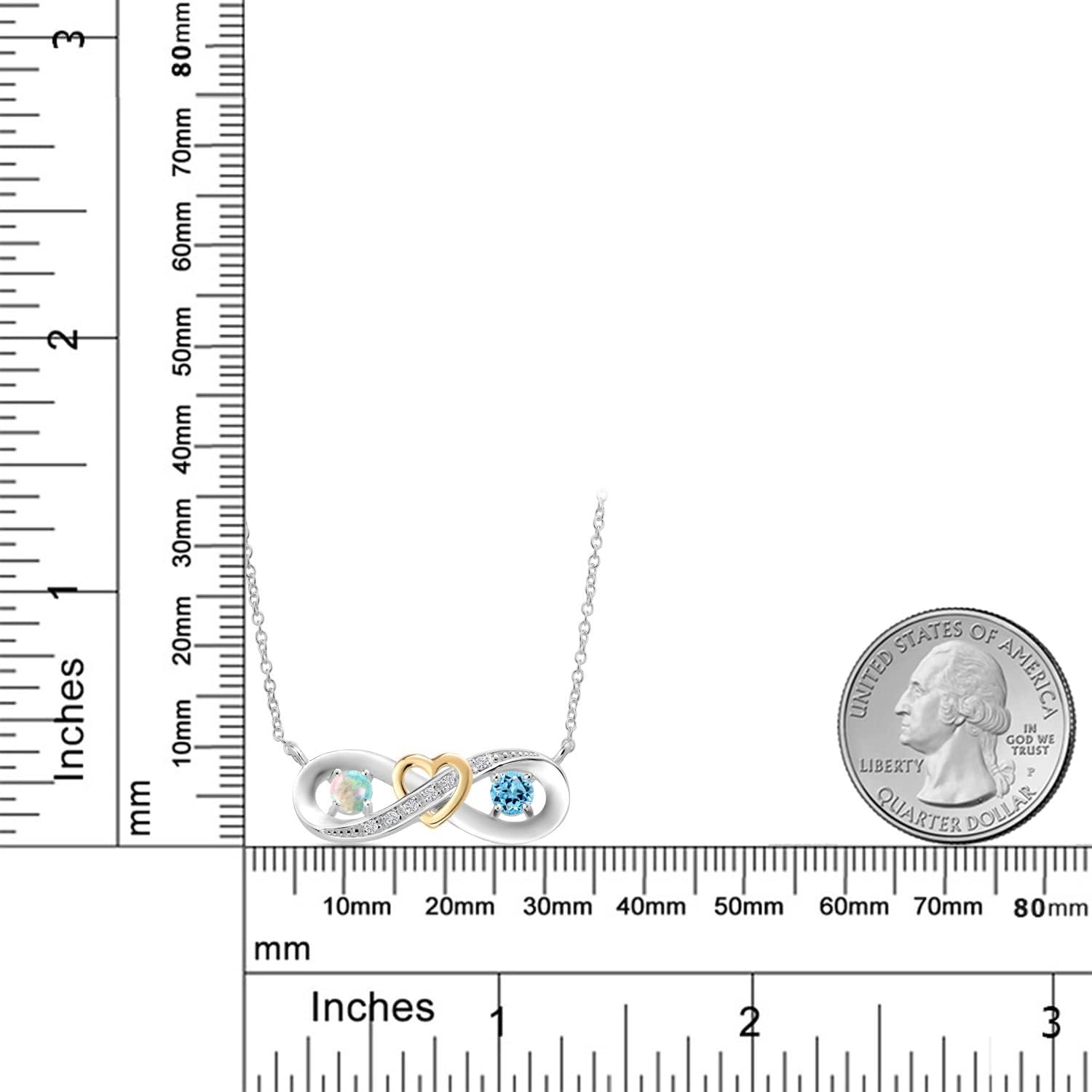 Gem Stone King 0.67 Ct Round Cabochon White Simulated Opal Swiss Blue Topaz 925 Silver and 10K Yellow Gold 2-Tone Heart Interlocking Infinity Symbol Lab Grown Diamond Pendant Necklace For Women with