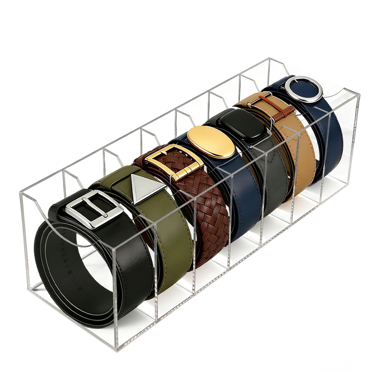 Acryl Gürtel Organizer, Gürtel Aufbewahrung mit 7 Fächern, Transparente Gürtelhalter für Closet, Gürtel Box Container für Drawer, Display Stand für Accessoires Uhren Krawatte