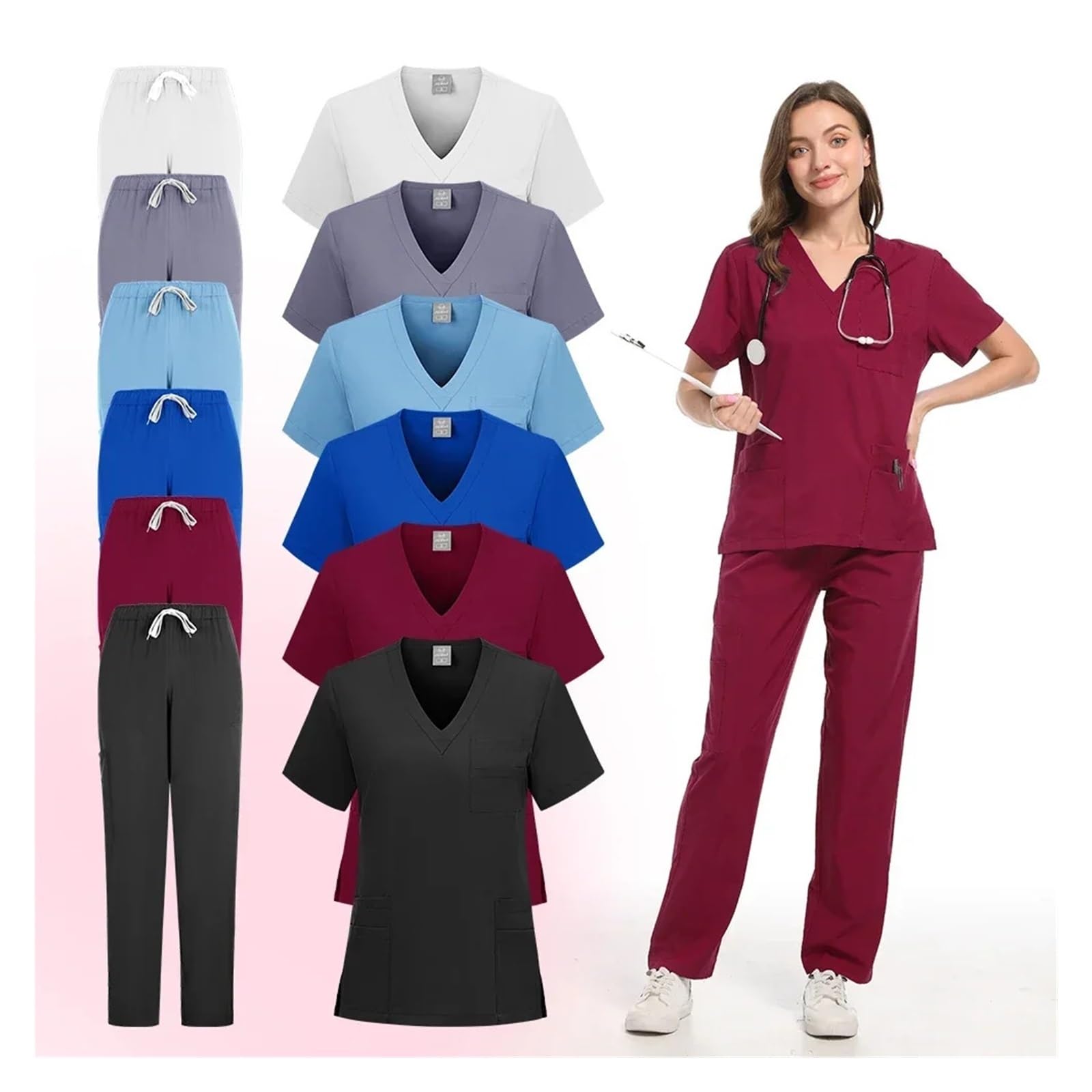 Divisa Infermiere Donna Uniformi da infermiera Top tinta unita Pantaloni Donna Uomo Pantaloni Scrub Set di Scrub Uniforme for Clinica for Animali Domestici for Ospedale Veterinario Dentale(Wine red,XX