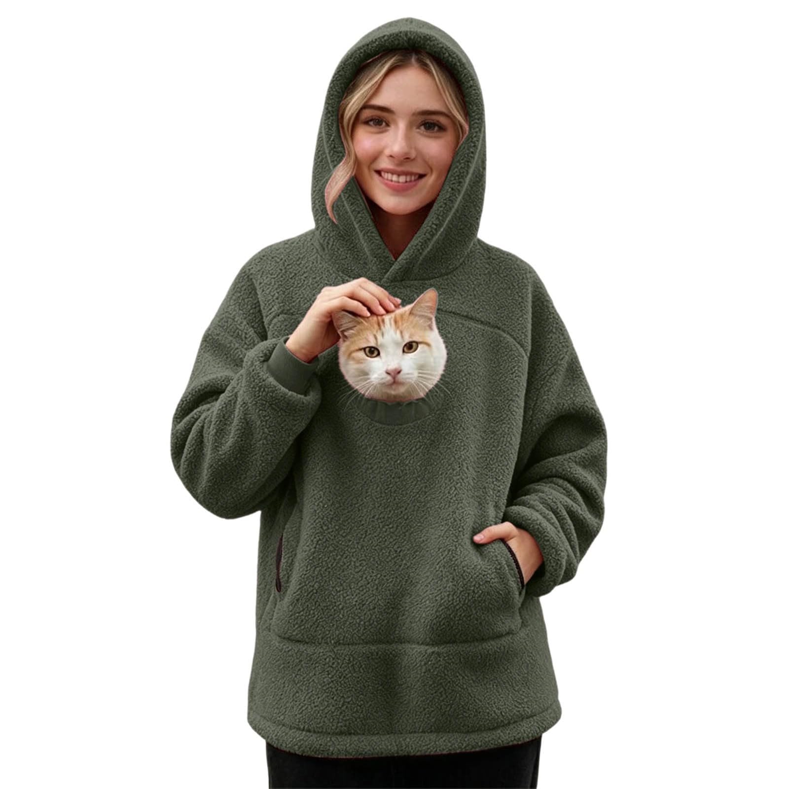 Pet Pouch Hoodie, Jumper with Cat Pocket Dog Puppy Carrier Warm Fluffy Winter Fleece Pullover Sherpa Funny Sweatshirts with Kangaroo Pouch for Pet Lover