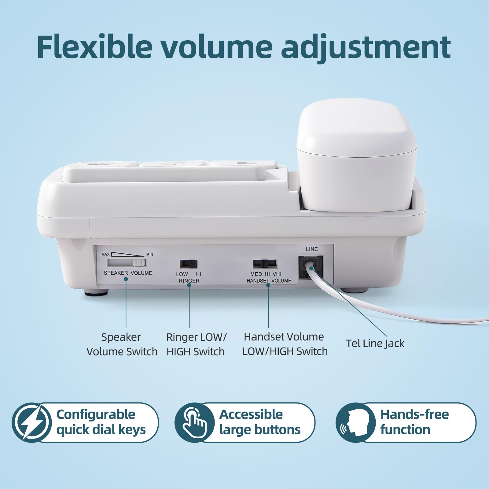Telefono con pulsante grande per anziani, telefono con demenza con vivavoce, suoneria amplificata (+110dB), quadrante one-touch e 3 immagini di memoria, telefoni con cavo, problemi di udito e