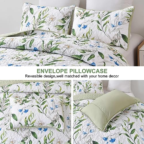 Image of Anibedding Queen Quilt Set, Floral Botanical Bedspread with 2 Pillowcase | Soft Microfiber, 3 Pieces Green Leaves Pattern Bedspread, Floral Branch Bedding Set, All Season, Room Decor, Queen(96 inchx90 inch)