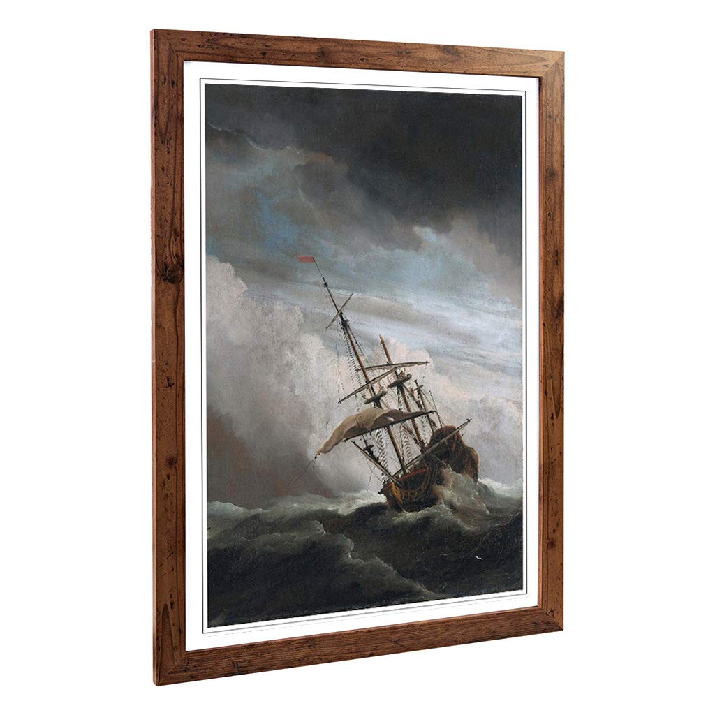 Big Box Art Framed Print of Willem Van de Velde The Younger Raging Storm Ship Design | Wall Art Picture| Home Decor for Kitchen, Living Room, Bedroom, Hallway, Walnut, A2 / 24.5x18 Inch / 62x45cm