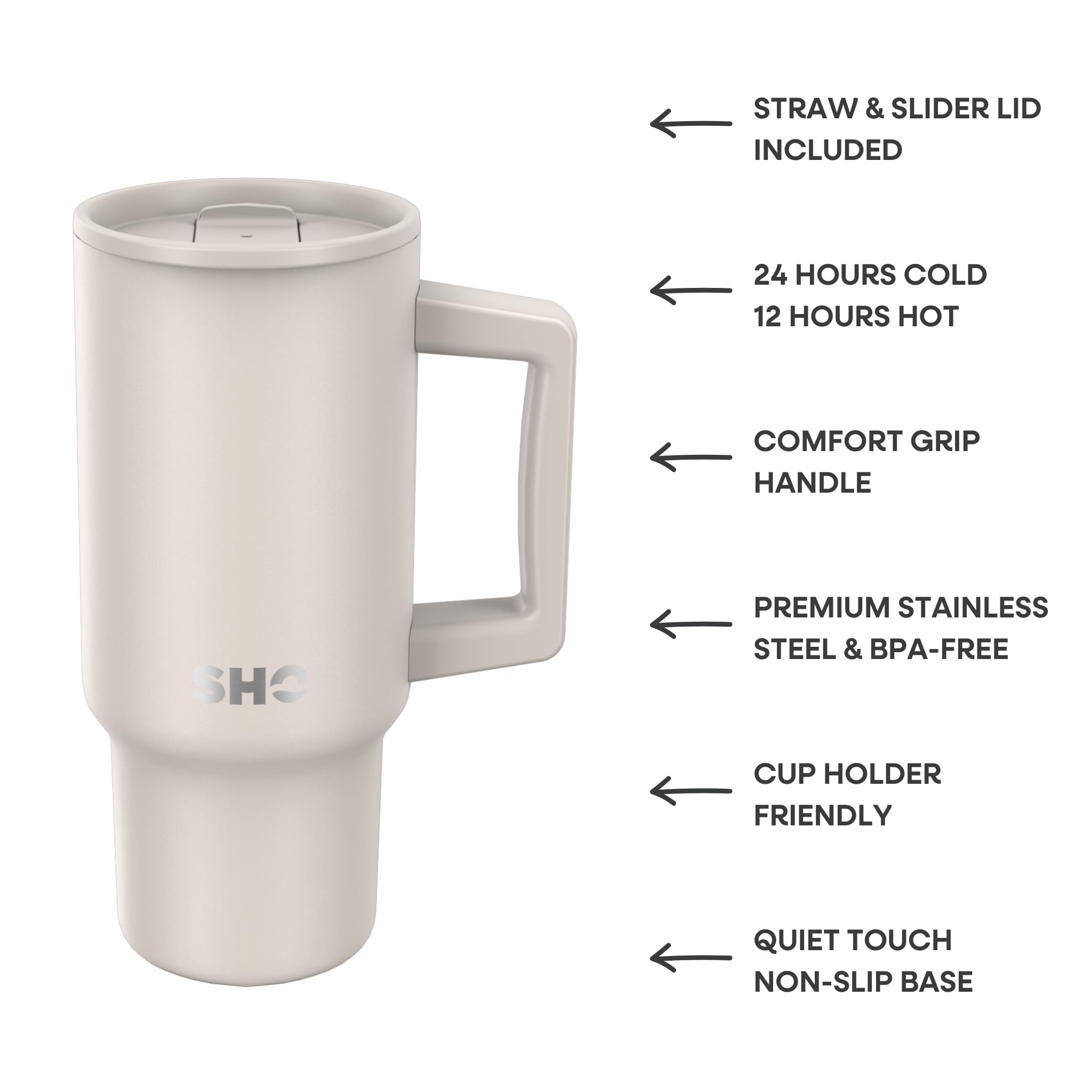 SHO XL Tumbler, Insulated Stainless Steel Reusable Water Bottle Iced Coffee Travel Mug with Handle, Straw Lid & Slider Lid - Image 2