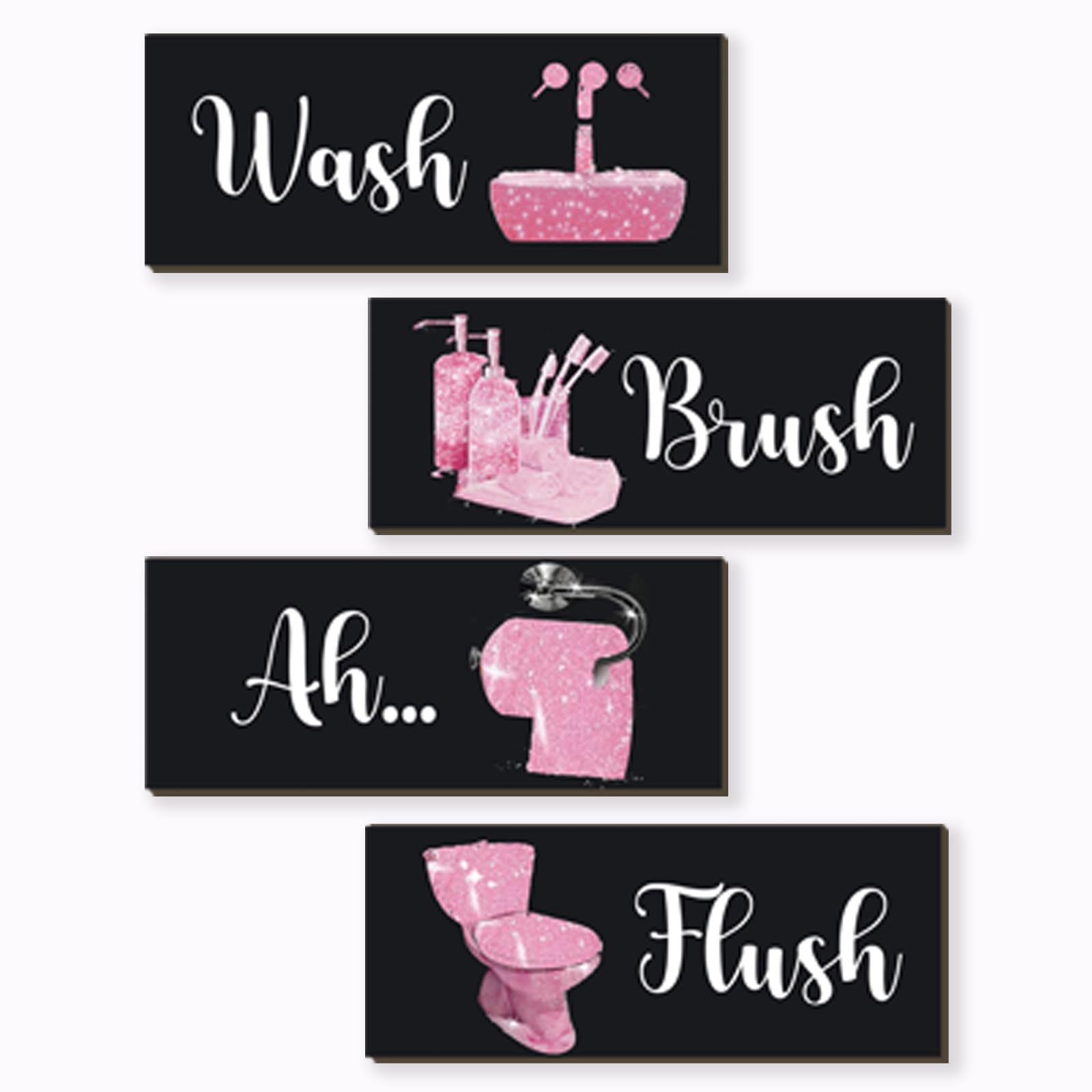 FENCORDAR 4 Pcs Pink Bathroom Decor Funny Pink And Black Bathroom Decor Wooden Modern Funny Glitter for Home Toilet Decoration(10x4 Inch)
