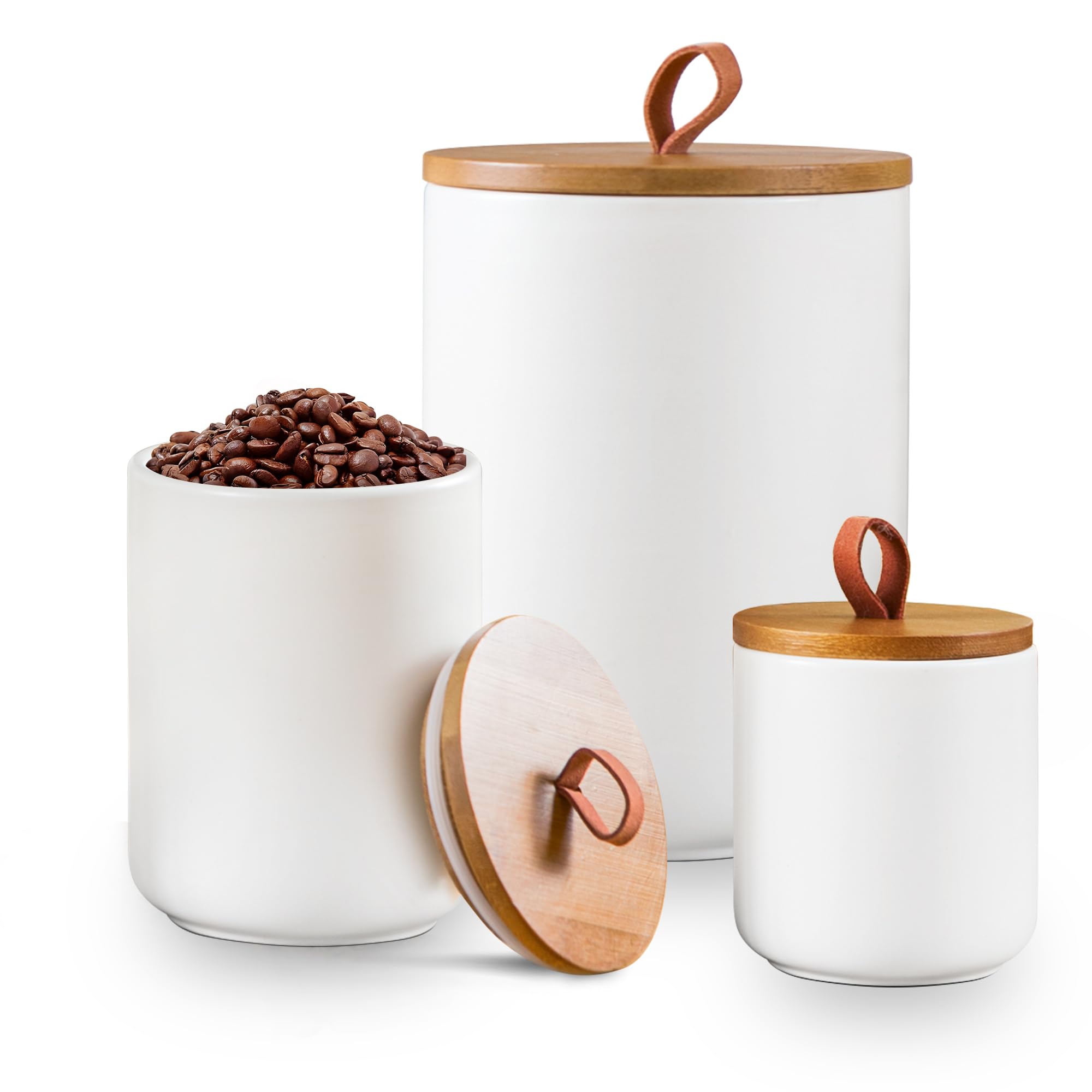 Ceramic Canister Set for Kitchen, 3pcs White Ceramic Kitchen Canisters for Countertop with Airtight Wood Lids, Large Flour and Sugar Containers for Coffee, Tea, Spice