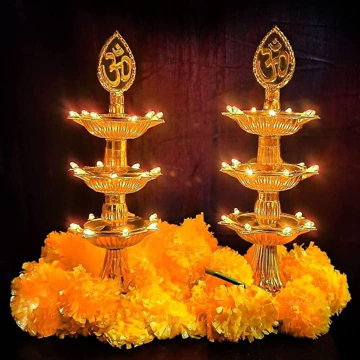 3-Layer Electric LED Diya Lamp Set, Golden Decorative Deepam with Om Design, Pack of 2, for Pooja and Festive Decor 1