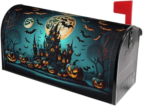 Kawani Cubierta magnética para buzón de Halloween, diseño de calabazas espeluznantes, castillo de murciélagos, luna llena, tamaño estándar, 21 x 18