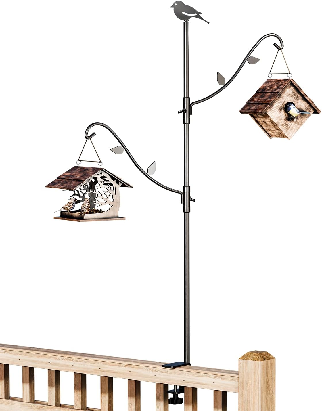 Idzo 42-Inch Adjustable Double Deck Hook for Railing, Shepherds Hooks for Outdoor Heavy-Duty with 3-Layer Coating, 5 Pounds Capacity Per Arm, Rust-Resistant Iron, Ideal for Bird Feeders and Planters