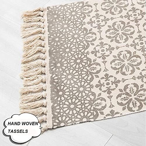 Vintage Beige Rug Cotton Area Rug Bedroom Cream Floral Printed Moroccan Rug with Tassel 60x90cm Machine Washable Small Rug Hand Woven Carpet for Living Room, Kitchen,Hallway