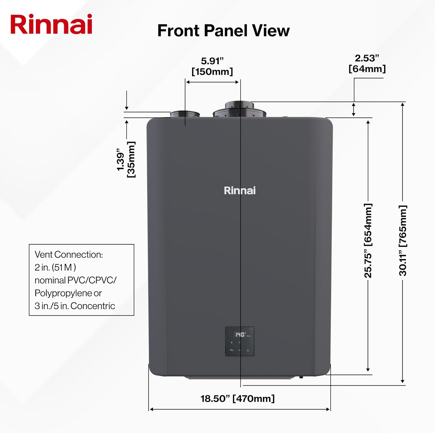 Front panel view with dimensions and vent connection details