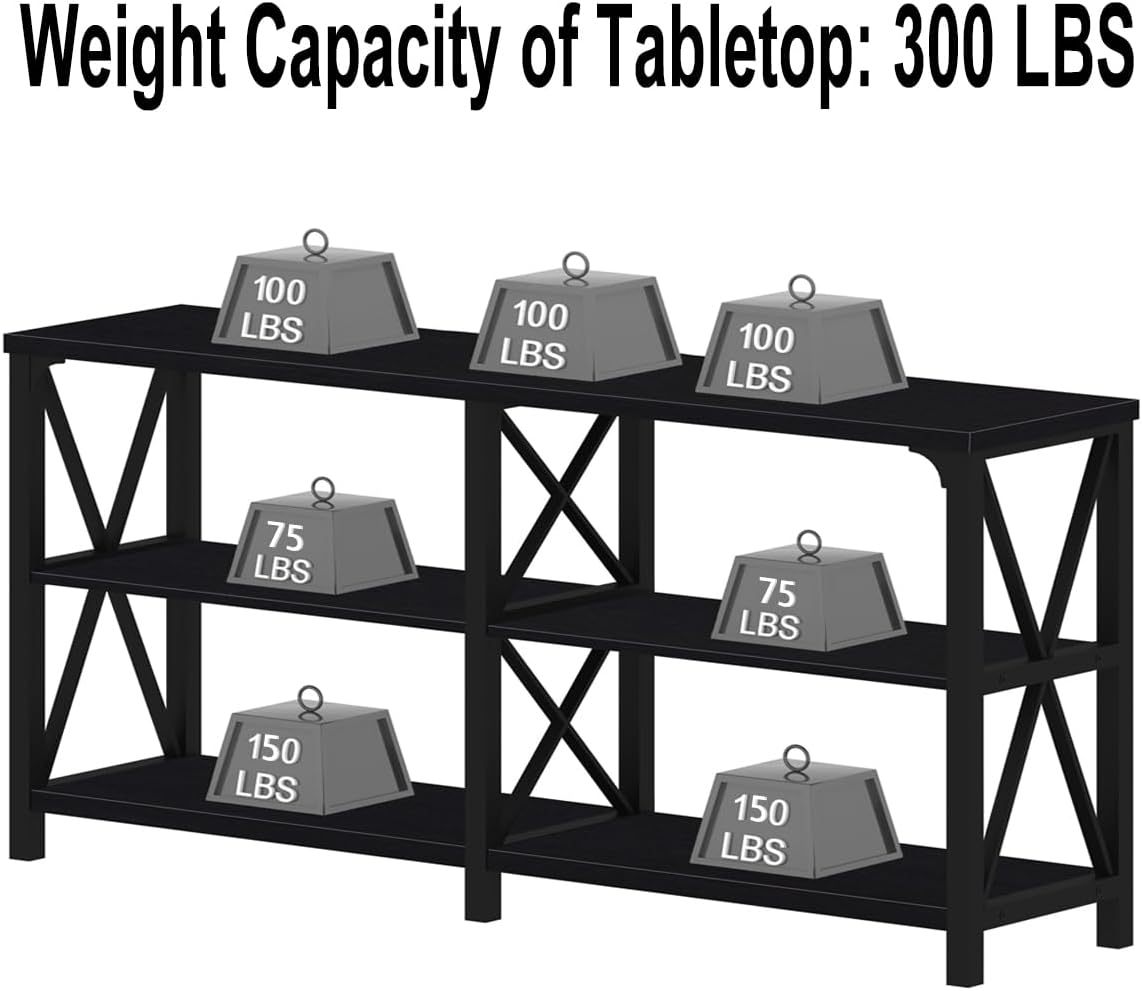 IBF Black Console Table, Modern Industrial Sofa Table with 3 Tier Storage Shelves, Farmhouse Wooden Metal Entryway Table for Living Room, Hallway, or Foyer, Black Oak, 63 Inch