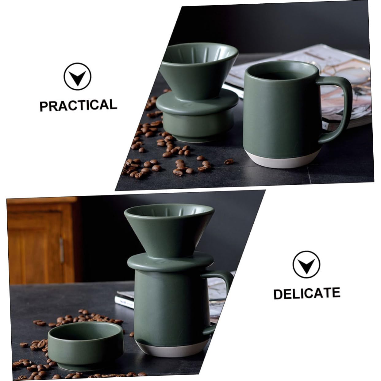 Taza de Café de Cerámica Filtro Manual para Preparar Café | Verde Detalles Delicados , Formato Ligero y Portátil y Filtrado Fino Uso Práctico , Diseño Simple