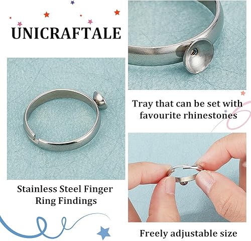 Miniatura 5 de UNICRAFTALE Juego de 20 anillos de dedo ajustables de 0.646 in de acero inoxidable 304 en blanco, base de anillo de dedo de metal para base de
