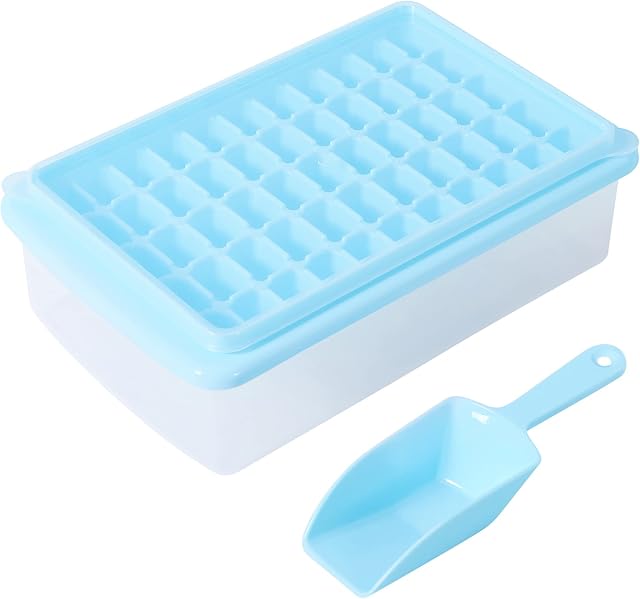 Ice Cube Tray with Lid and Bin for Freezer, Easy Release 55 Nugget Ice Tray with Cover, Storage Container, Scoop. Perfect Small Ice Cube Maker Tray & Mold. Flexable Durable Plastic, BPA Free