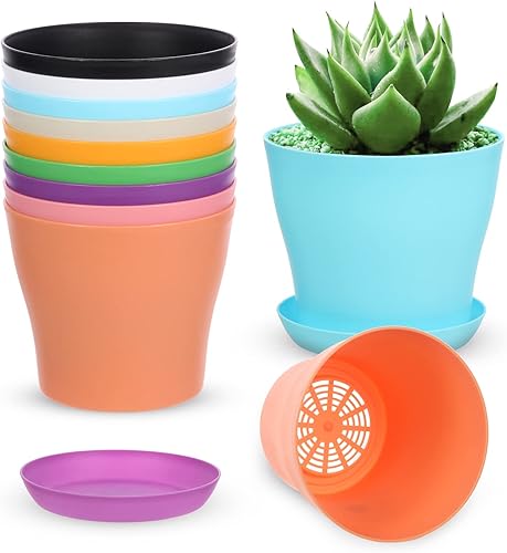 ruishetop Paquete de 18 macetas de plástico de 55 pulgadas para interiores y exteriores con agujeros de drenaje y bandeja para el hogar jardín