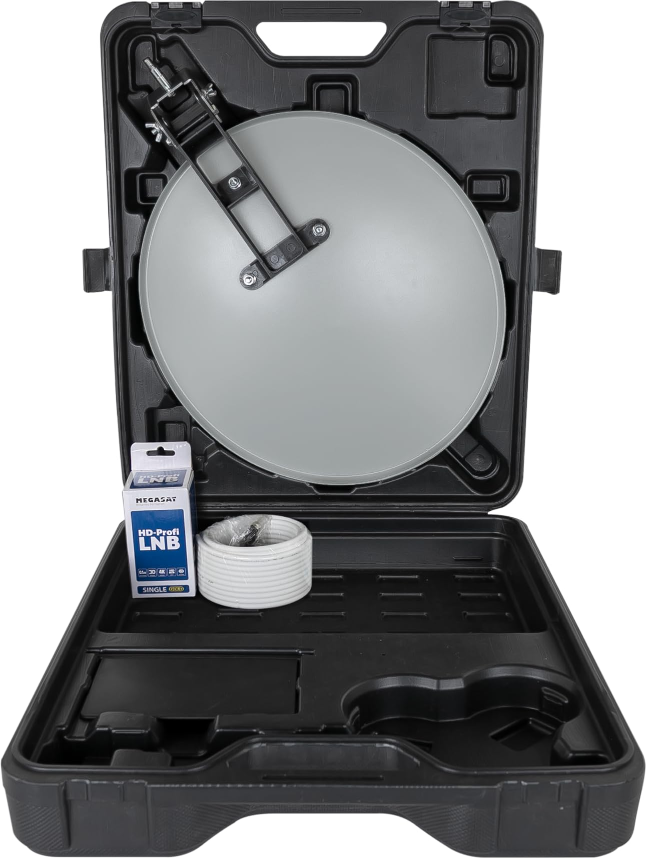 Megasat Maletín de Camping LNB + Cable – Sistema Satélite (Incl. Antena parabólica, Ventosa, Soporte para mástil y Pared, LNB, 10 m de Cable de Antena)