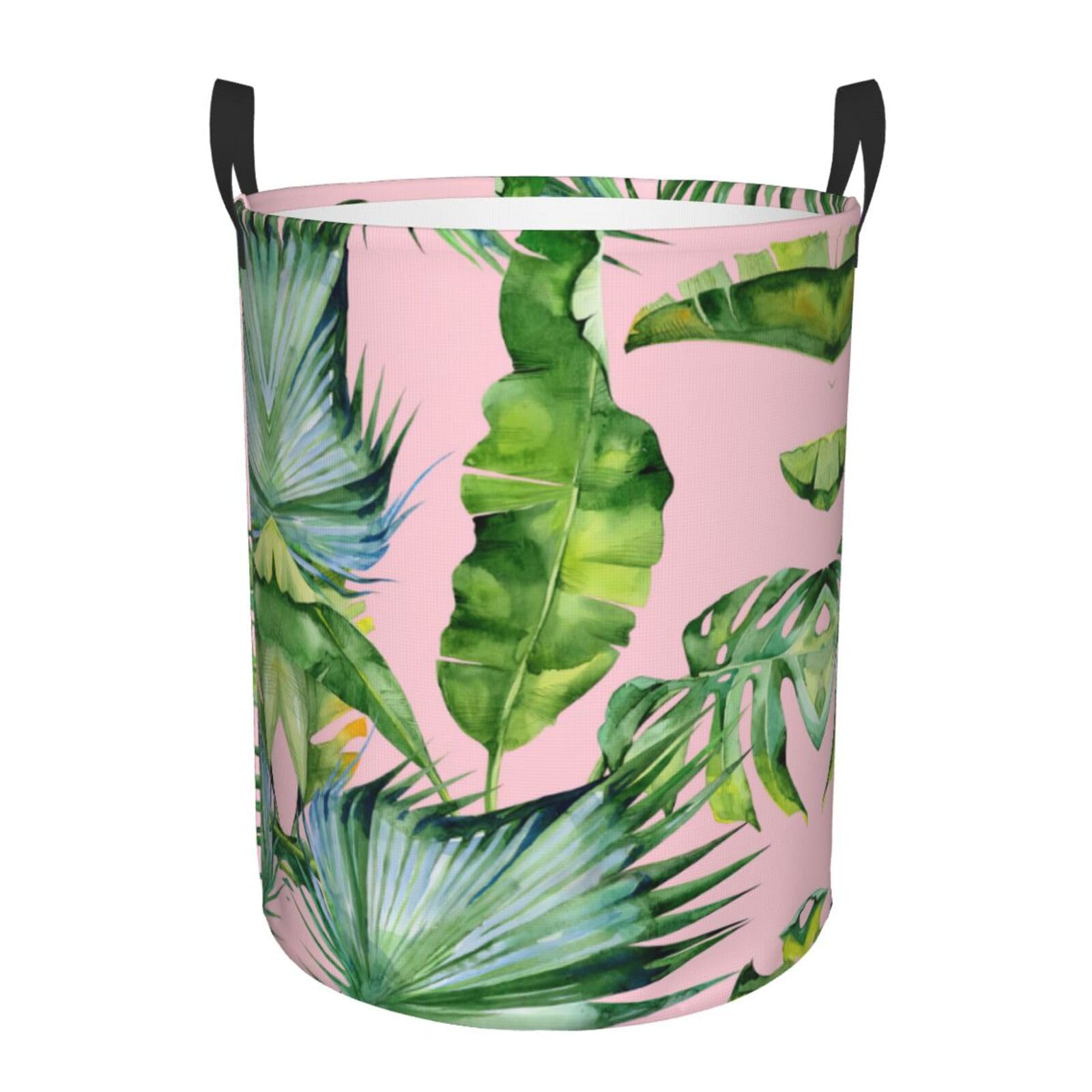 S Collapsible Round Fresh banana leaves Print Laundry Hamper