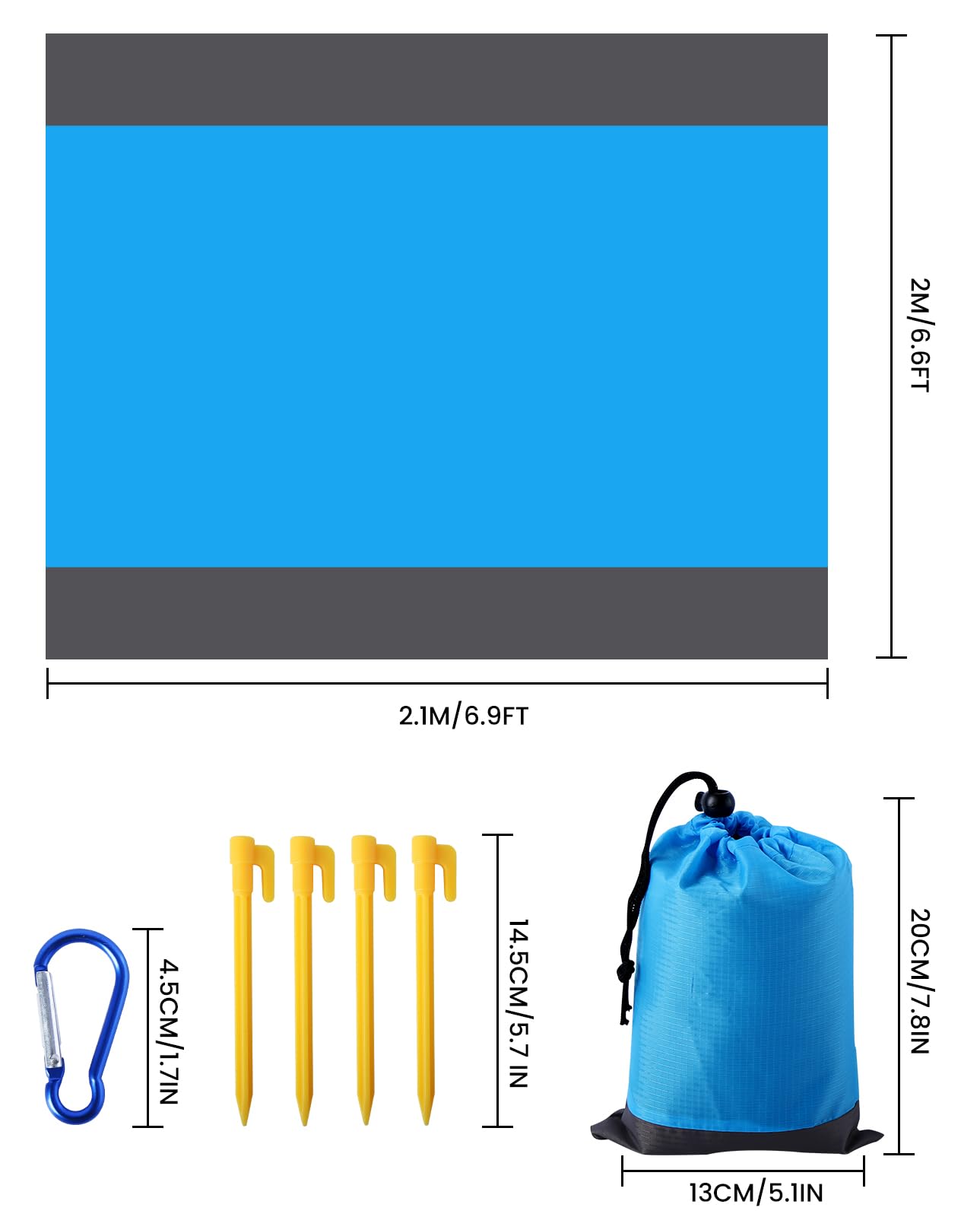 Stuoia Mare, 210x200CM Antisabbia Telo Mare Grande, Asciugatura Rapida Poliestere Stuoia Spiaggia, Asciugamano Mare con 4 Chiodi da Fissaggio, Portatile Coperta picnic Leggero per Viaggio, Campeggio