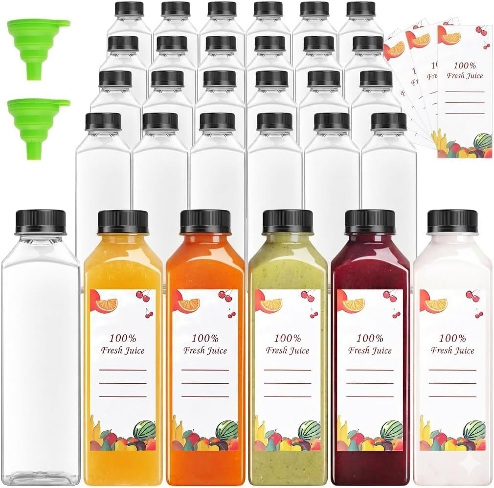 OBKJJ 80pcs 24oz Pcs Juice Bottles, Juice Bottle with Caps Reusable Empty Clear Bottles with Label, Funnel, Brush Bulk Beverage Containers for Juicing, Drinking, Smoothie and Other Beverages (24oz)