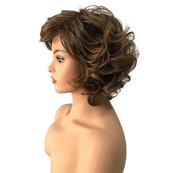 Wiginway Curly Wavy Wig Synthetic Hairpiece for Women Natural Style Medium Golden Brown Full Wigs 8 Inch