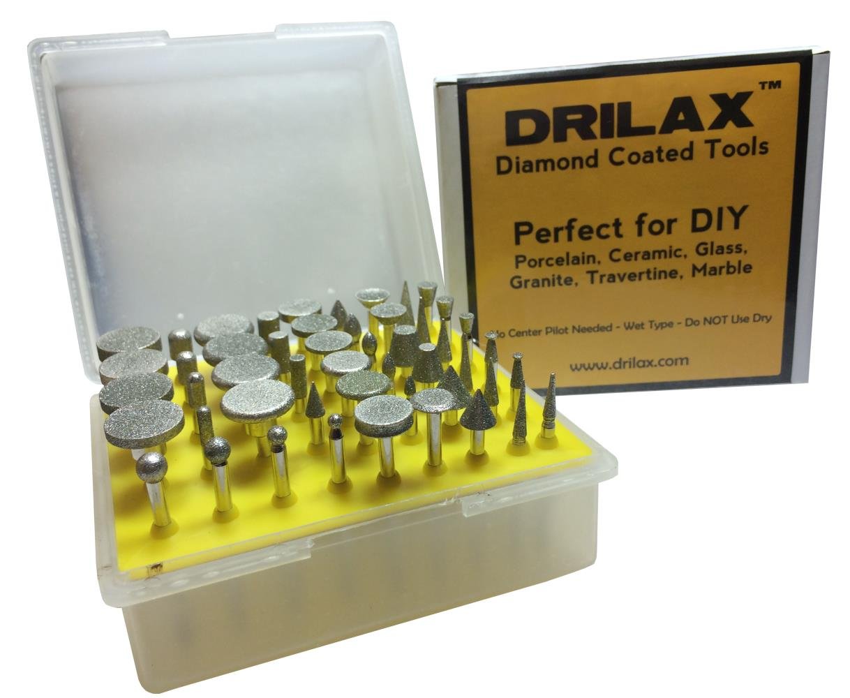 DRILAX50 Pieces Professional Quality Diamond Drill Bit Burr Set Grit 120 Seaglass Rocks Ceramics Glass Porcelain Jewelry Making Lapidary Engraving Fits Rotary Tools 1/8 Inch Shank Storage Case 50
