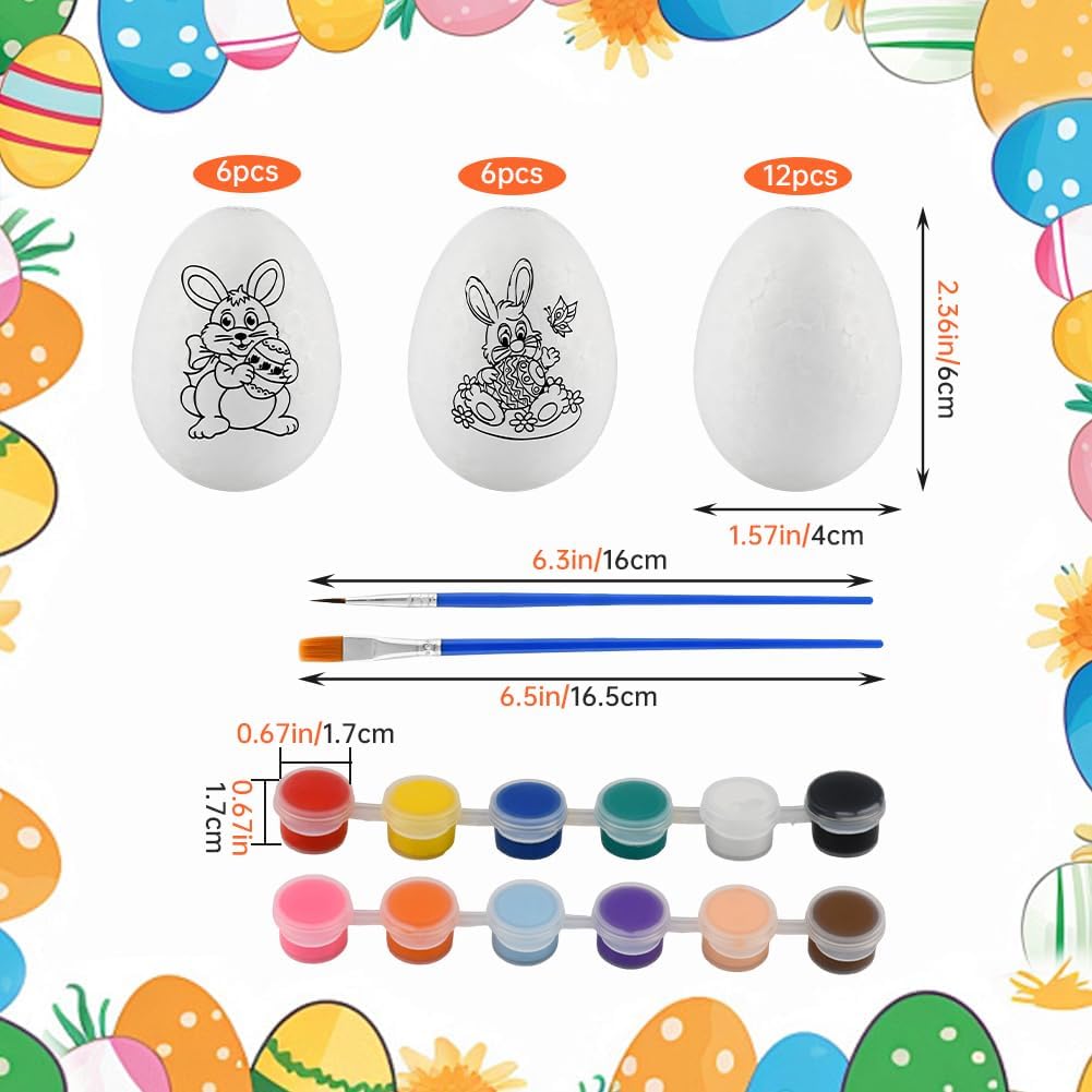 2.36 Inch Easter Foam Eggs for Crafts, 24pc White Small Styrofoam Eggs White DIY Painting Solid for Easter, with 12-Color Tempera Paint & Brush DIY Arts & Crafts